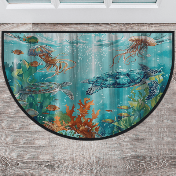CURLYOOT Nautical Sea Turtles Half Round Door Mat 40'' x 63'', Indoor Outdoor Entrance Rug, Semi Circular Area Rug, Non Slip Washable Absorbent Doormat, Laundry Room Rug