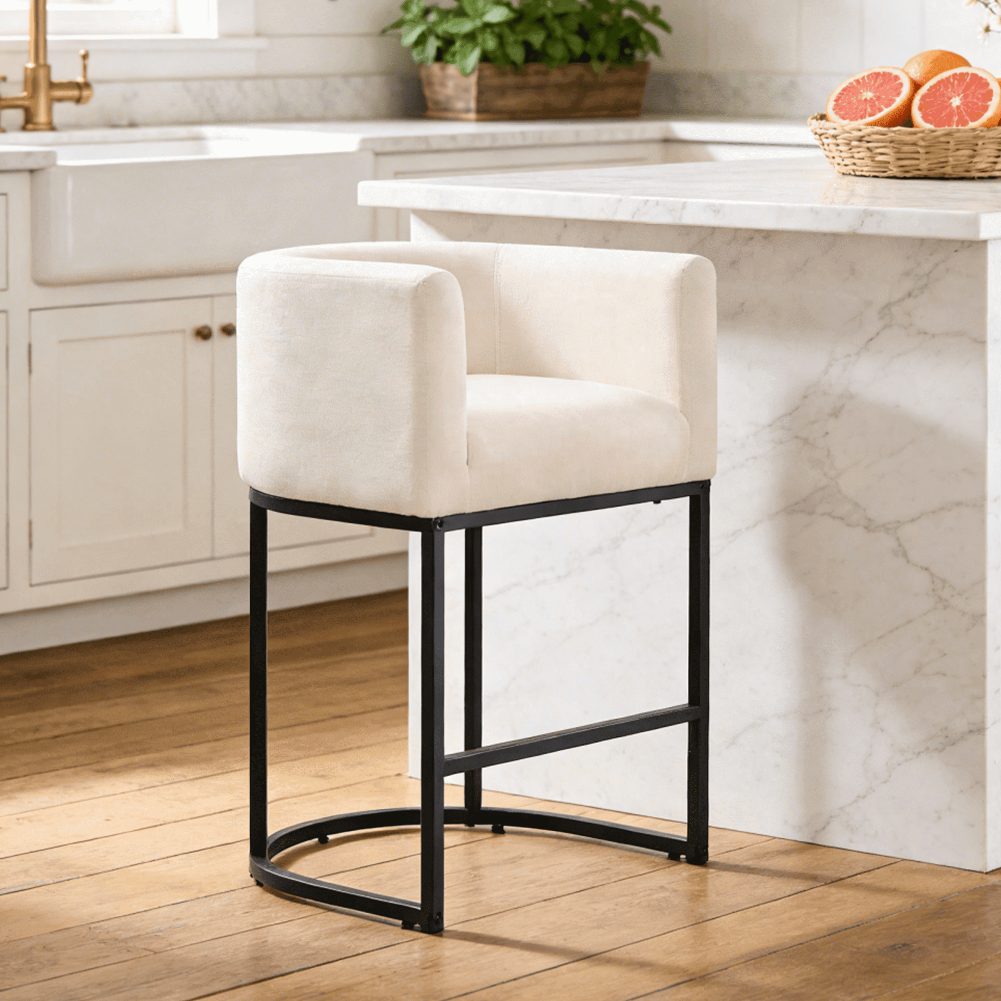 FANCROU 26" H Counter Height Bar Stools Set of 1, Fabric Barrel Stools with Back and Arms, Linen-Black Leg