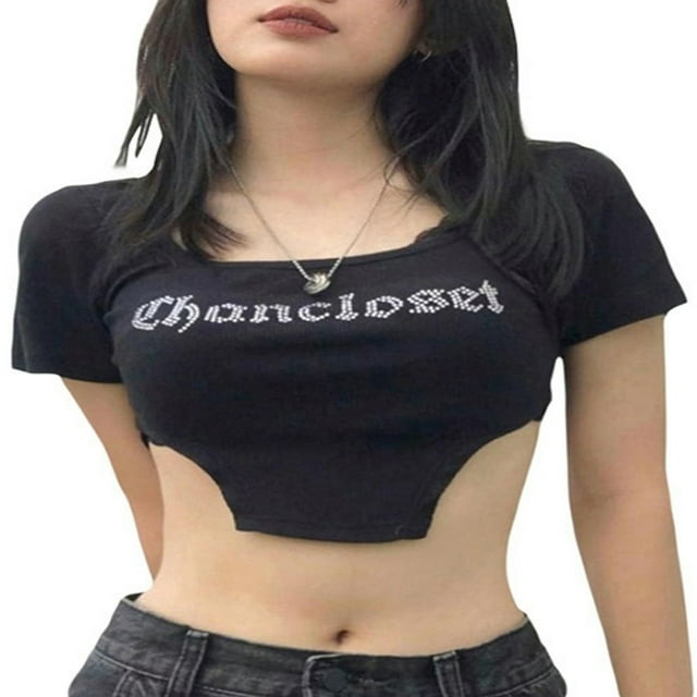Women Cropped Tops Short Bare Navel Diamonds Letter Irregular Pullover
