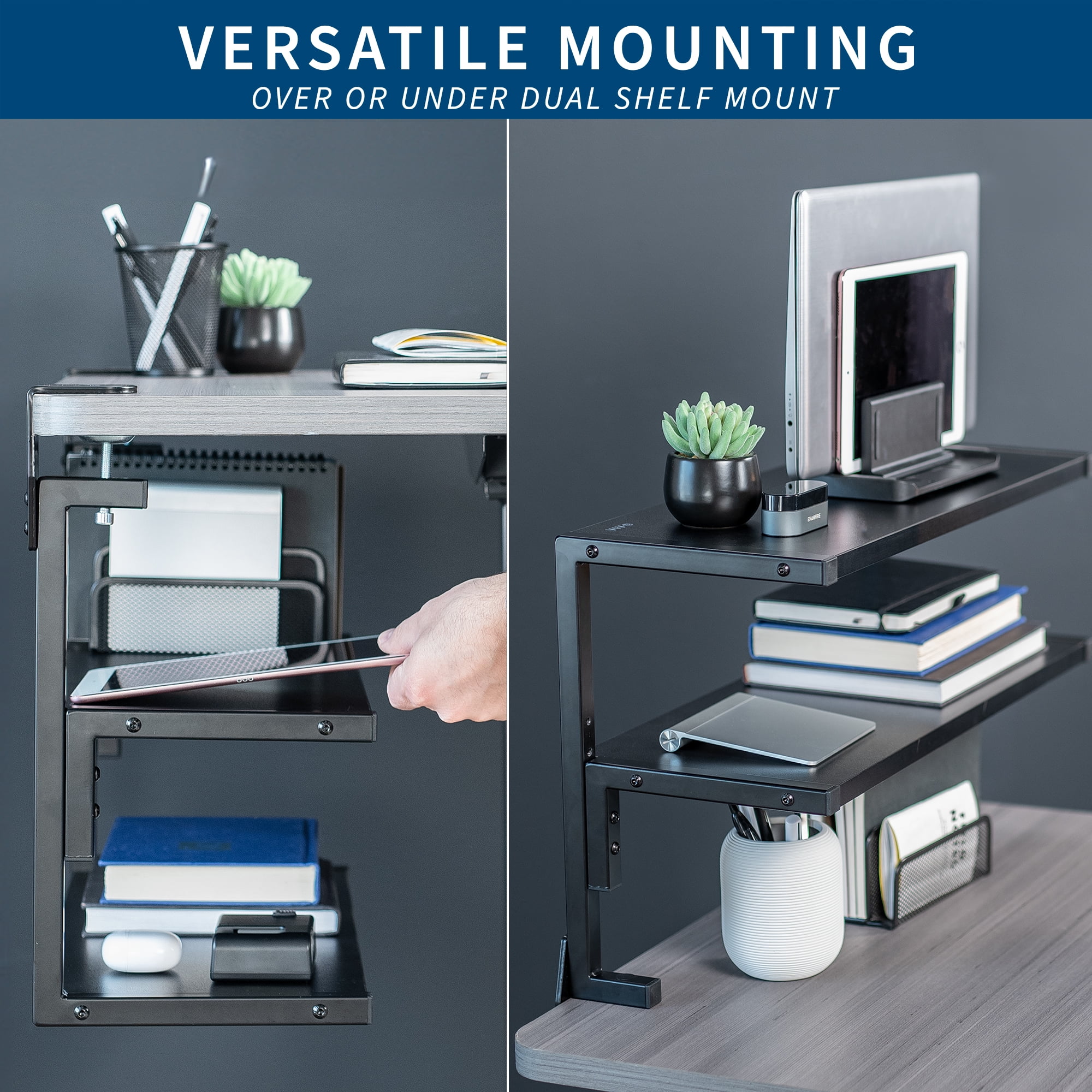 VIVO Black Clamp-on 24" Above or Below Desk 2-Tier Shelving Unit, Desk Organizer