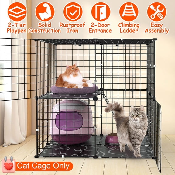 Moclever 2-Tier Indoor Iron Cat Cage Playpen, Multi-level Cat House with 2 Doors and Ladder for Small Pets, Black