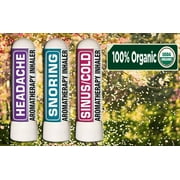 Nasal Inhaler Aromatherapy Gift Set of 3 - Snoring, Headache, Sinus/Cold - Made with 100% Pure Therapeutic Grade Organic Essential Oils 0.7 mL each by Sponix Made in USA / FAST SHIPPING