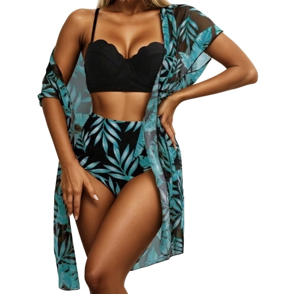 DHFJKG Womens Swimsuits 3 Piece Hawaii Printed Bikini Set Swimwear Coverup High Waisted Tummy Control Bathing Suit Trendy Beachwear