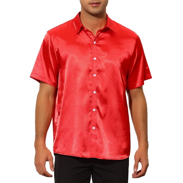 Camisas de satén INSPIRE CHIC para hombres, de manga corta, con cuello, abotonadas para el verano, Rojo M