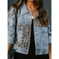 thumbnail image 3 of Womens Button Down Distressed Leopard Denim Jean Jacket Washed Long Sleeve Ripped Cheetah Jean Coat Blue XL, 3 of 8