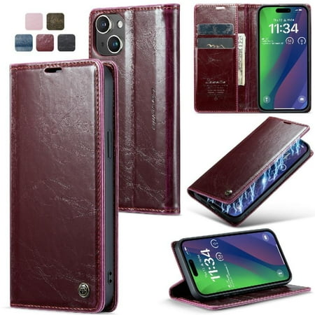 Flip Case for iphone 15 Plus Crazy Horse Pu Leather Kickstand Card Holder Magnetic Wallet Retro Wallet Cover