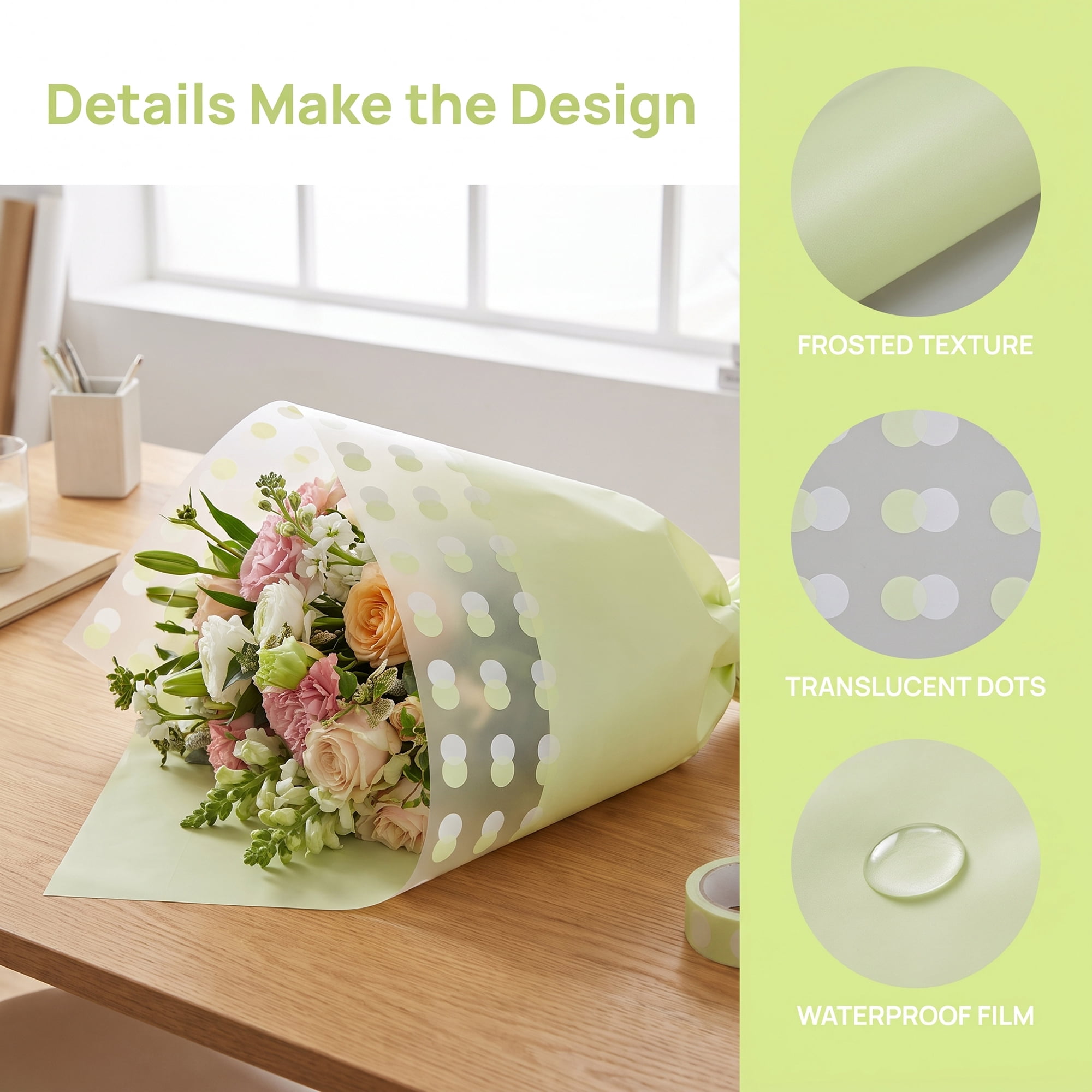 Unique Bargains Polka Dot Waterproof Flower Wrapping Paper Sheets Green 22.4"x 22.4"