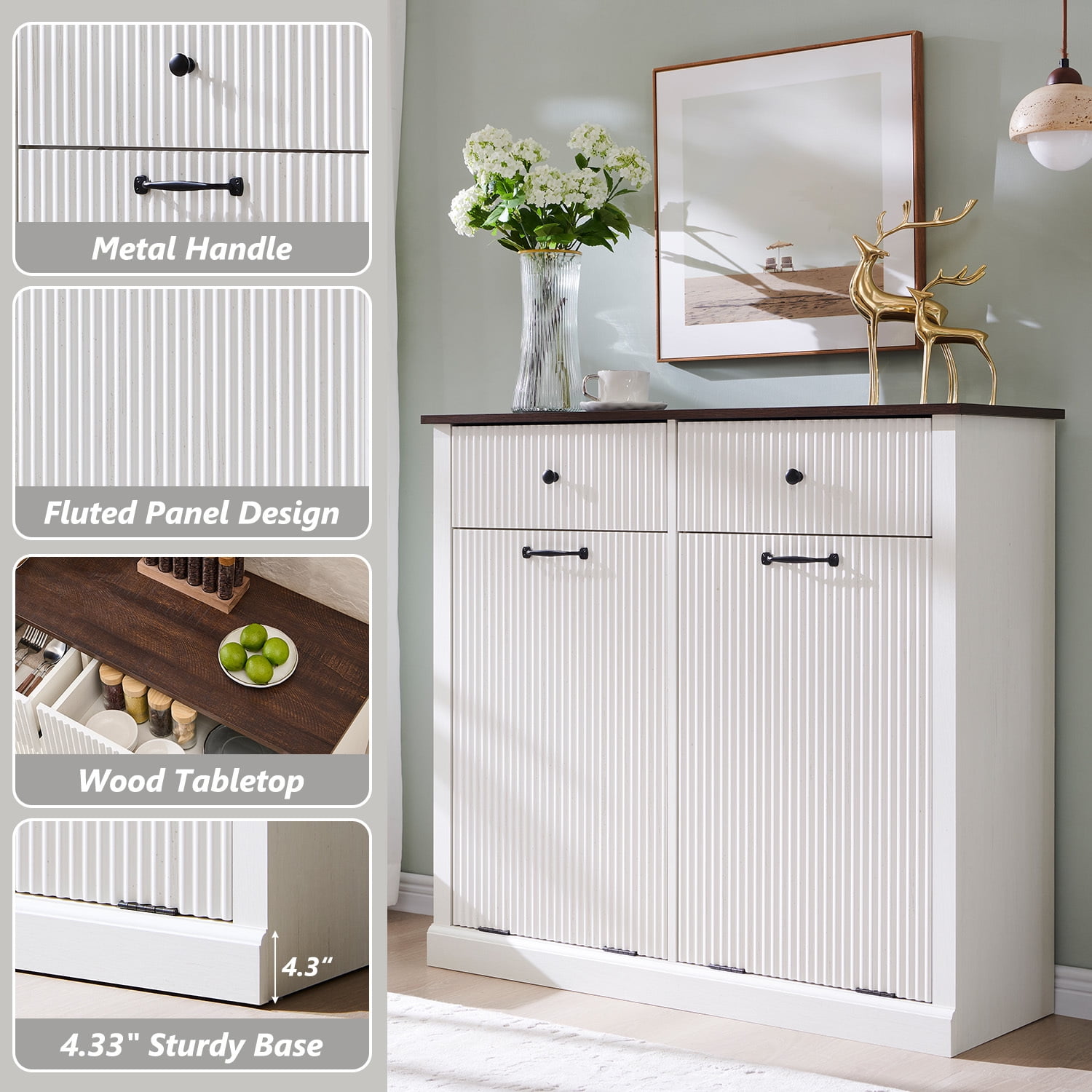 IFGET Double Fluted Tilt-Out Trash Can Cabinet, 20 Gallon Wood Hidden Garbage Can Cabinets with Storage Drawers, Laundry Hamper Cabinet for Bathroom, Kitchen