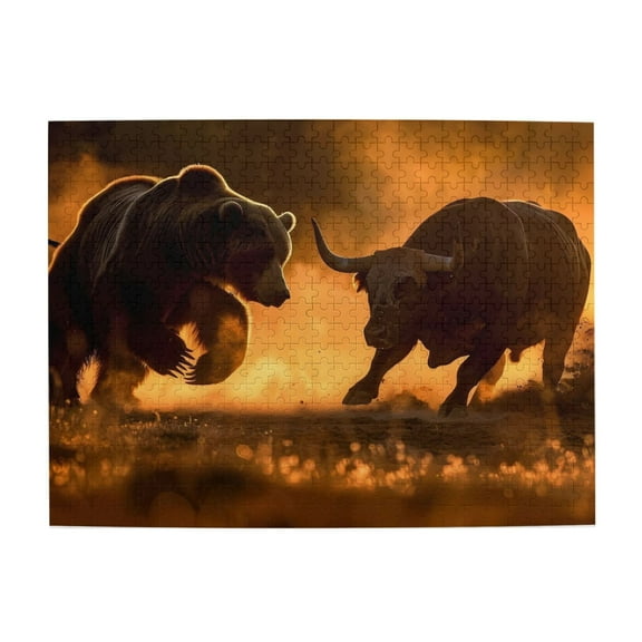 500-Piece Wooden Jigsaw Puzzle for Adults - Bear Vs Bull Conflict , Interlocking Pieces with Guide Letters, Holiday Gift & Home Decor