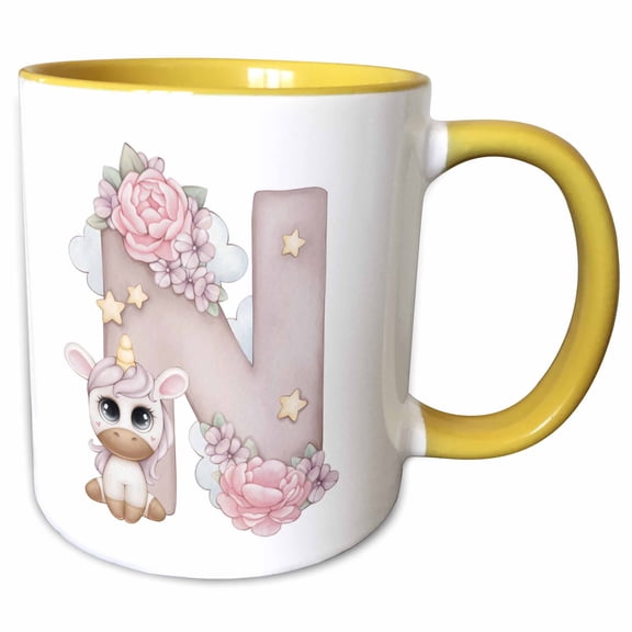 3drose, Cute Pink Unicorn Monogram Initial N, 15oz Two-tone Yellow Mug