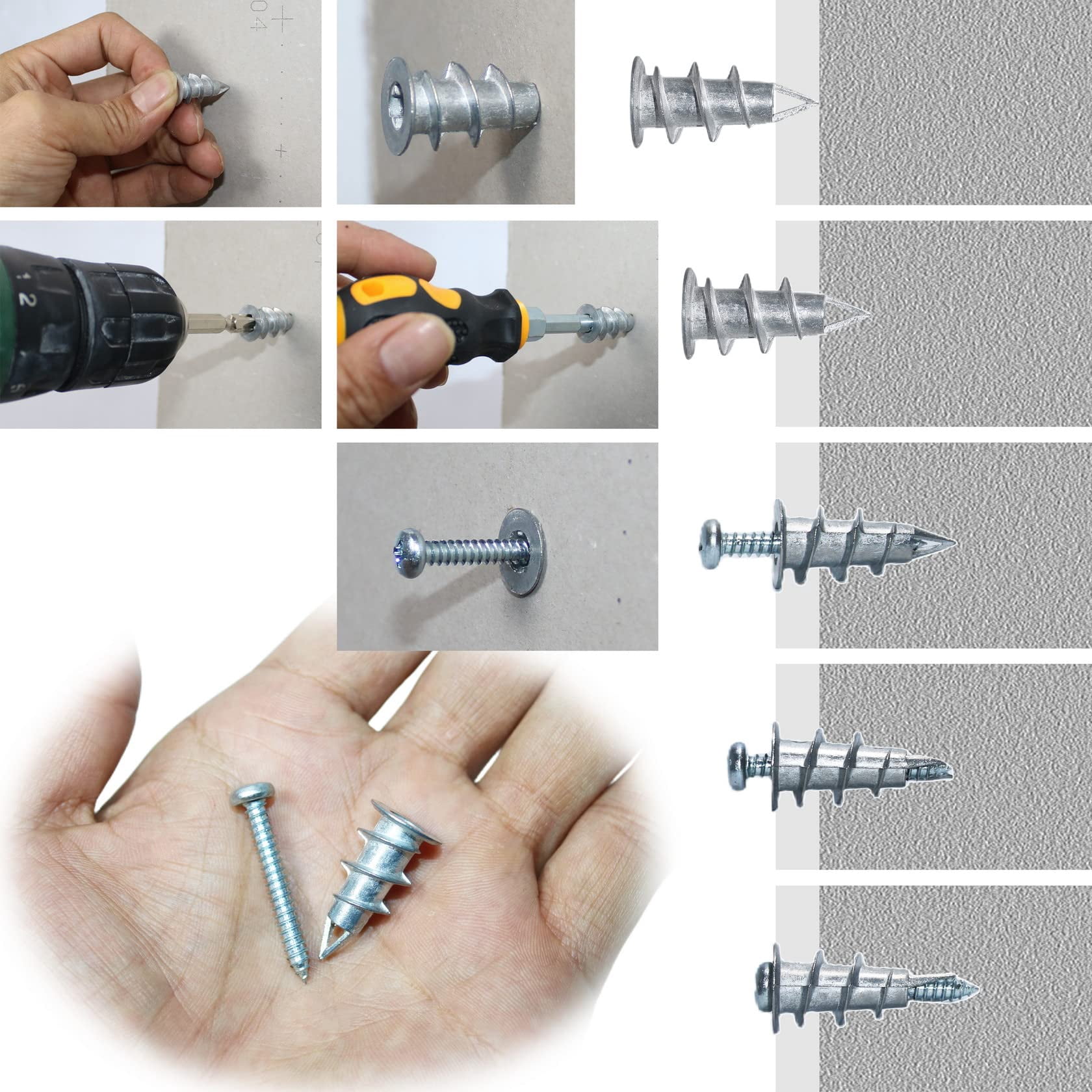 50Pcs #8 Self Drilling Metal Drywall Anchors and Screws kit, 25 Heavy Duty Hollow Sheetrock Anchors + 25 1-1/4'' Screw, No Pre Drill Hole Required - Hold 75lbs for Wall Hanging and Mounting