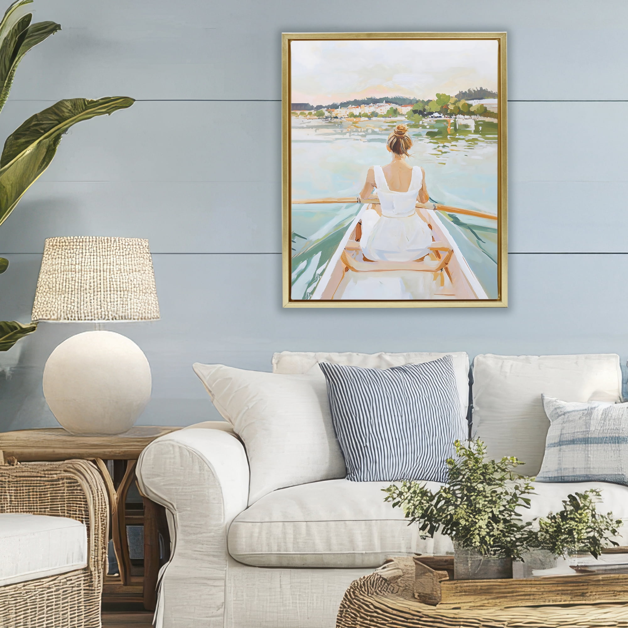 Stupell Industries Girl In Peaceful Canoe Ride Gold Framed Floater Canvas Wall Art, design by The Prints Vibe