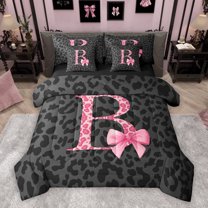 Manfei Cheetah Print Letter Bedding Comforter Set 7 Pieces, Pink Bowknot Monogrammed B Full Bedding Set, Modern Fashion Style Reversible Fitted Sheet Flat Sheet, Breathable Home Decor