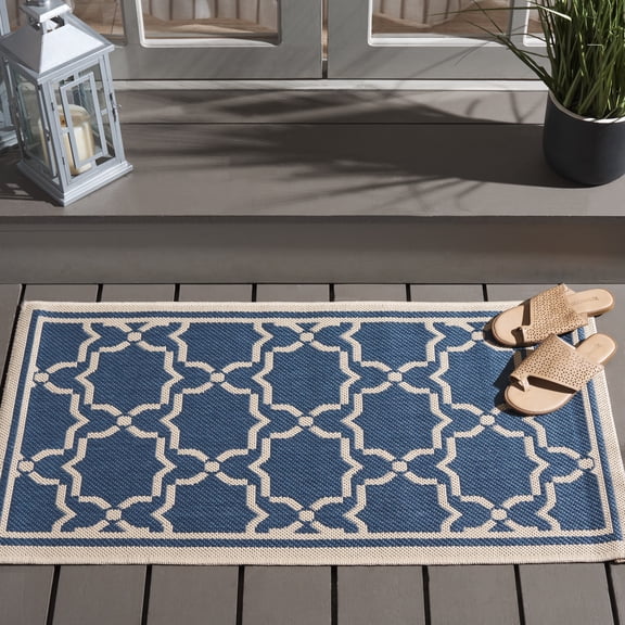SAFAVIEH Courtyard Allison Geometric Bordered Indoor/Outdoor Area Rug, 2' x 3'7", Blue/Beige