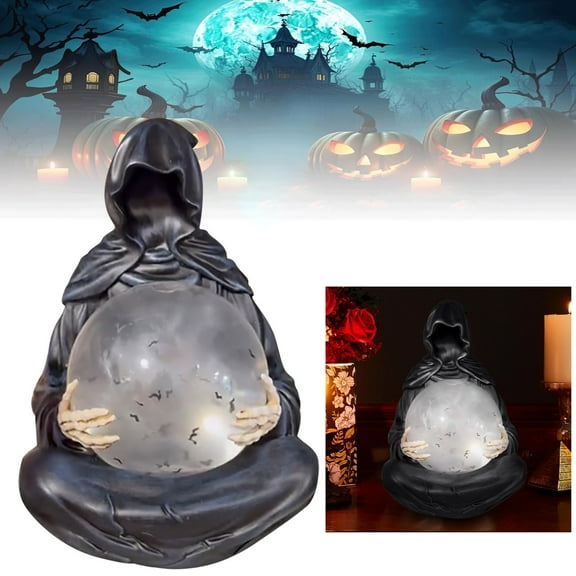 Holloyiver The Death God's Crystal Ball,LED Light Gothic Grim Reaper Crystal Ball Statue,Black Reaper Water Glittering Halloween Snow Globe Table Decor for Home Party