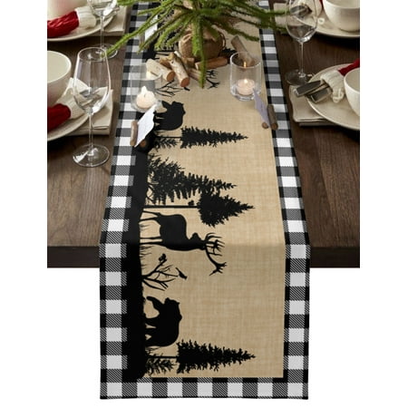 

Christmas Elk Table Runner Xmas Tree White Black Buffalo Plaid Tablerunners 13 x 70 Inch Table Decorations Tabletop Scarf for Summer Gathering Holiday Farmhouse Kitchen Dining Decor