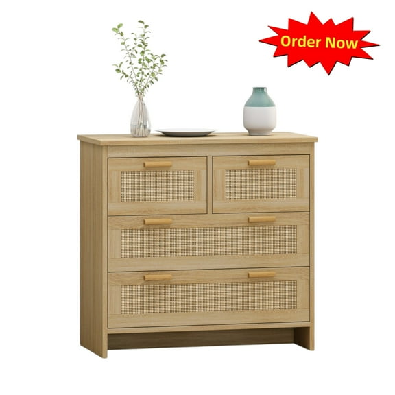 Tcbosik 4-Drawer Rattan Dresser, Farmhouse Chest of Drawers for Bedroom, Living Room, Hallway, Entryway, Natural