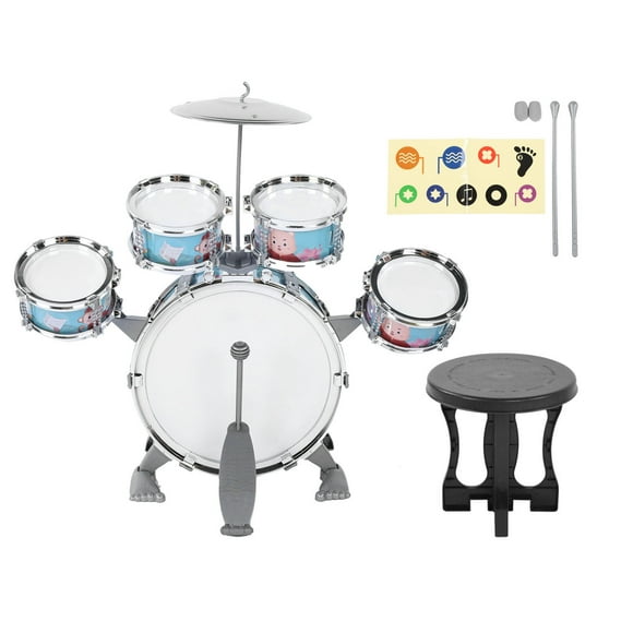 Juego de batería para niños, kit de batería de dibujos animados, instrumento musical educativo para niños, juguete de batería para niños, azul