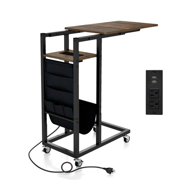 Costway 1 PCS C-shaped End Table with Charging Station Rolling Bedside Table Couch Side Table