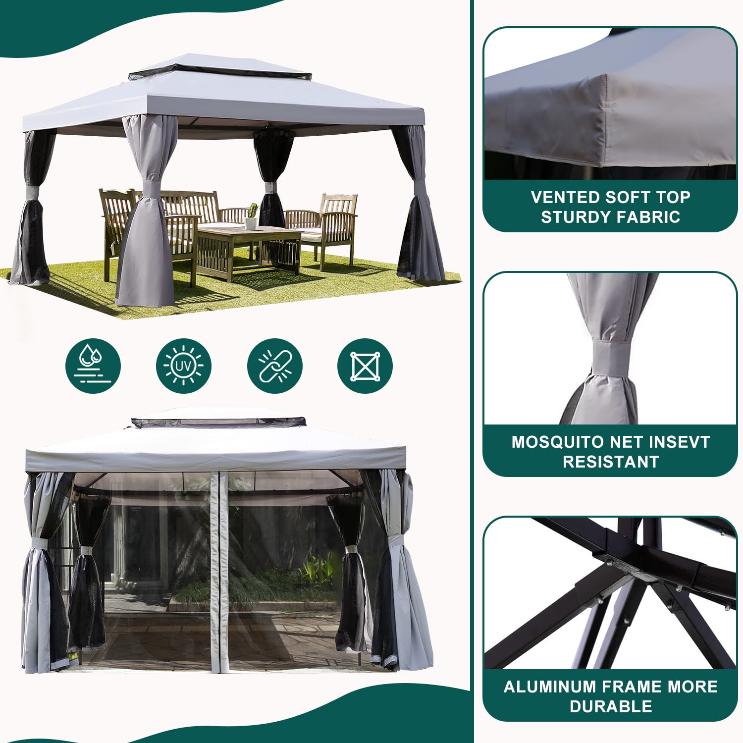 IULULU 10’ x 13’ Outdoor Pavilion Gazebo, Mosquito Netting and Zippered Curtains