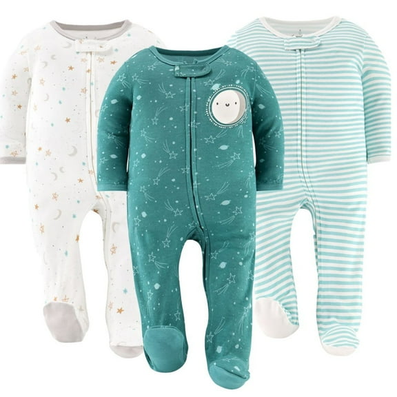 The Peanutshell Sleep n Play Celestial Footed Pajamas for Baby Boys & Girls Set, Newborn, 3-Pack