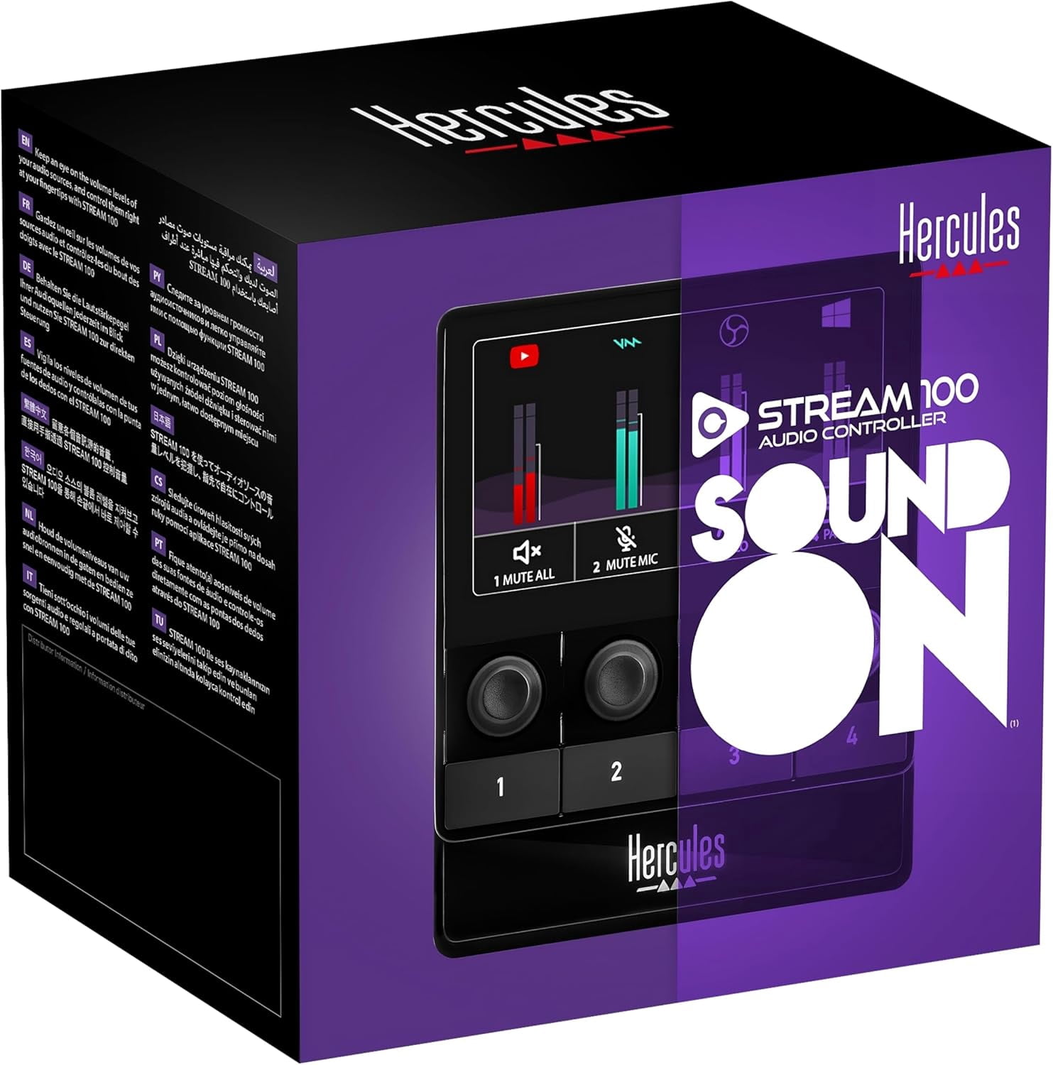 Hercules Stream 100 Audio Mixer for Content Creators, Up to 8 Tracks, LCD Screen, High Resolution Encoders, 4 Actions Buttons and Customizable Interface Bundle with Cleaning Kit