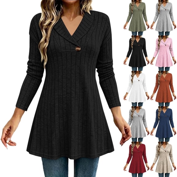 Ashirexll Long Sleeve Shirts for Women V Neck Solid Color Faux Pocket Mid Length Casual Style Long Sleeve Pullover Top for Fall