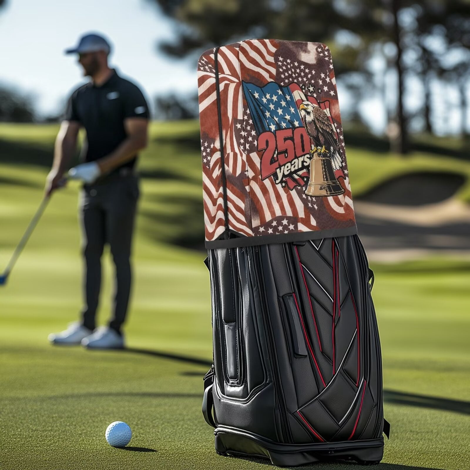 Yuyamidu 250 Years American Flag Golf Bag Cover Portable Golf Bag Dust Cover Eagle Golf Caddy Bags Covers Golf Gifts for Women Universal Golf Club Bag Accessories
