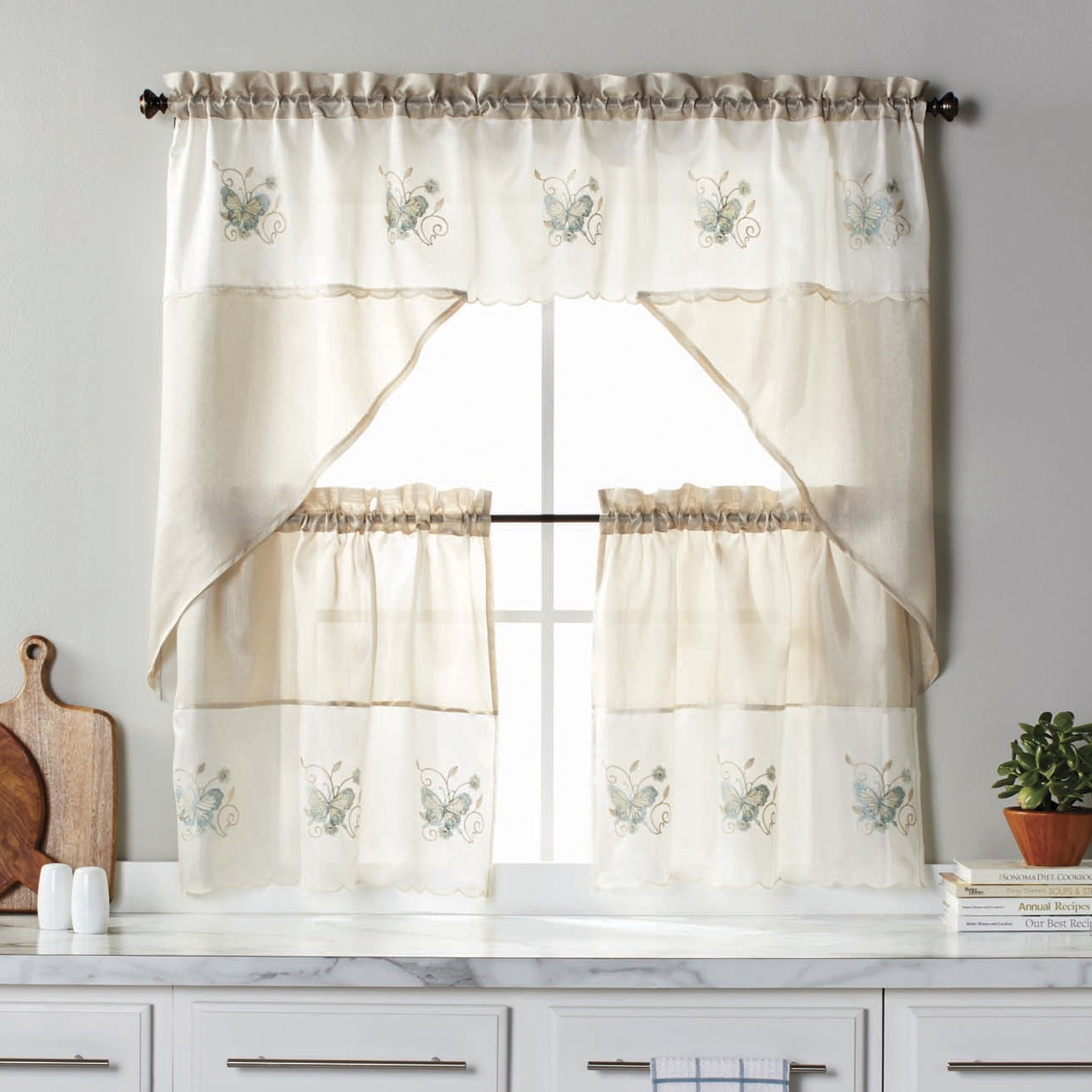 Better Homes & Gardens Light Filtering Rod Pocket Butterfly Swag and Valance Set, Brown/White, 24" x 60", Set of 3