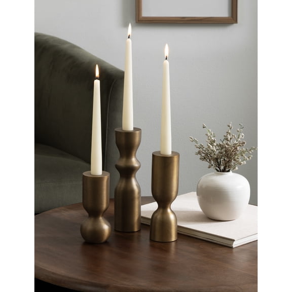 Kate and Laurel Pico Modern Three-Piece Metal Taper Candle Holder Set, Set of 3, Brass, Transitional Metallic Candlestick Holders for Dining Table or Fireplace Mantel Display
