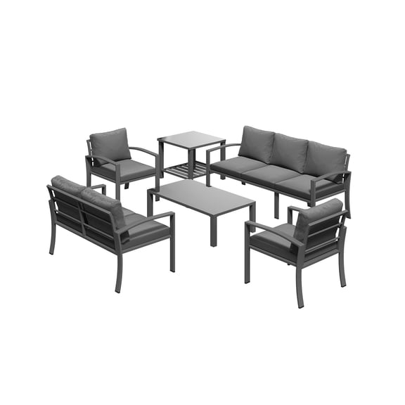 AECOJOY 7-Seat Outdoor Metal Sofa Set with Coffee & Side Table, Deep Cushion Patio Conversation Set for Garden, Porch & Balcony, Grey