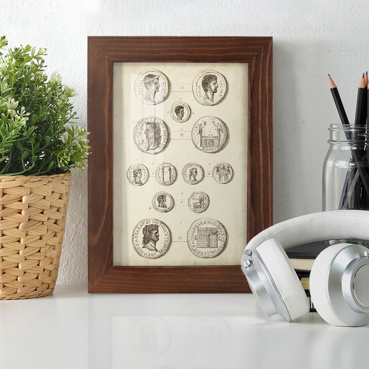 Antique Roman Coins I -Framed Print w/glass-Chestnut