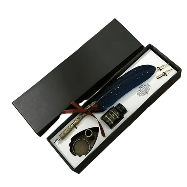 Feather Pen Set, Retro Style Carved Design, Personalized Pens, with Ink, 2 Replacement Tips, Fountain Pen Stand Base, Dark Blue