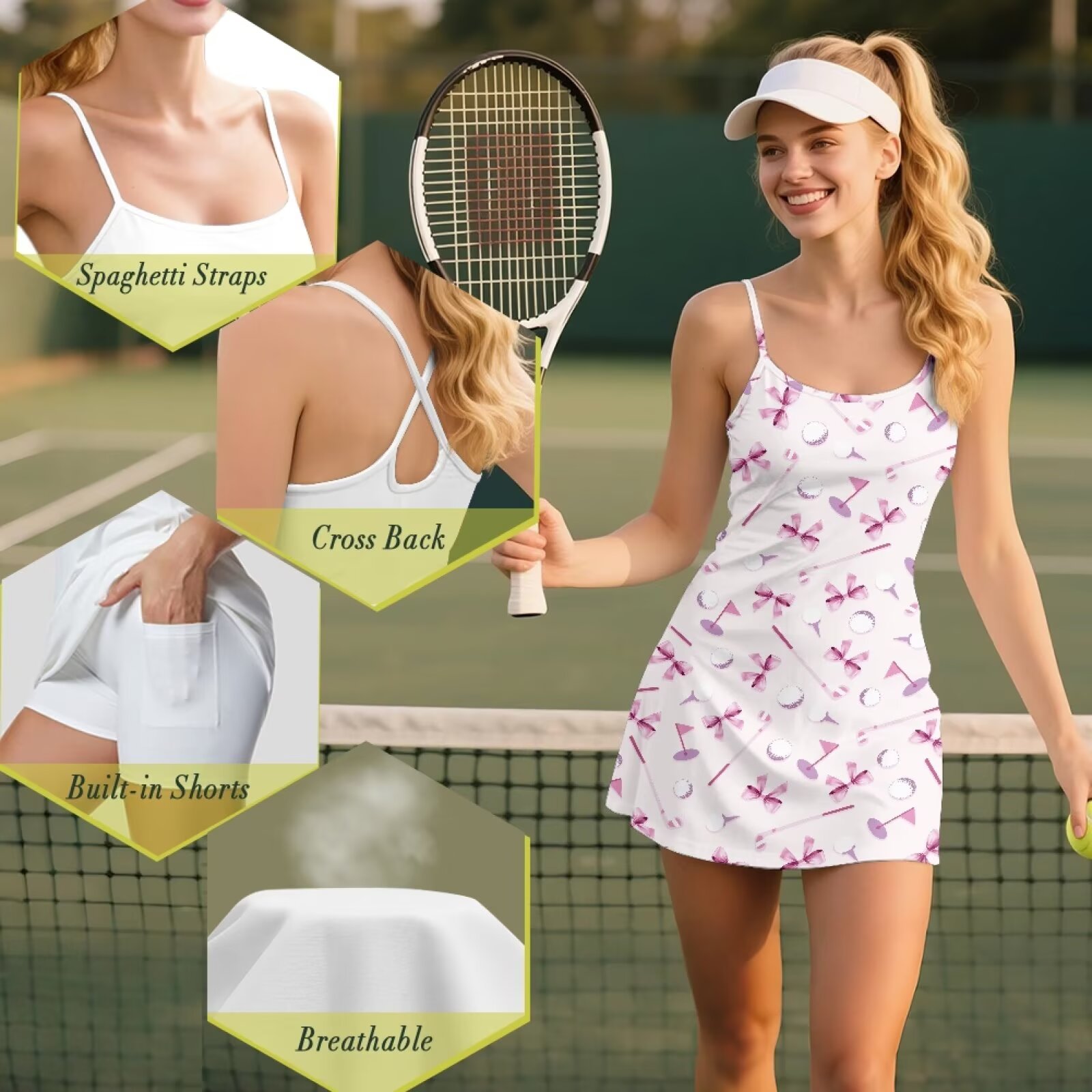 Yuyamidu 2 Pieces Bow Womens Tennis Dress, Golf Ball Golf Workout Dress with Shorts, Comfortable Women's Spaghetti Strap Activewear Dresses Size XS