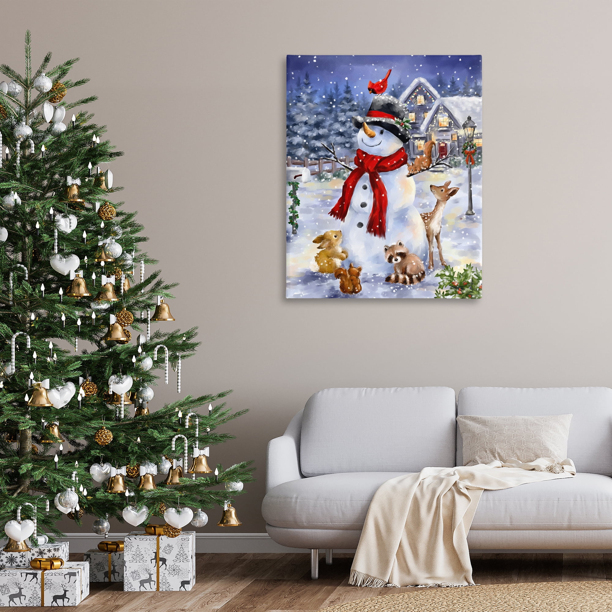 Stupell Industries Snowman & Forest Animals Holiday Painting Gallery Wrapped Canvas Art Print Wall Art, 36 x 48