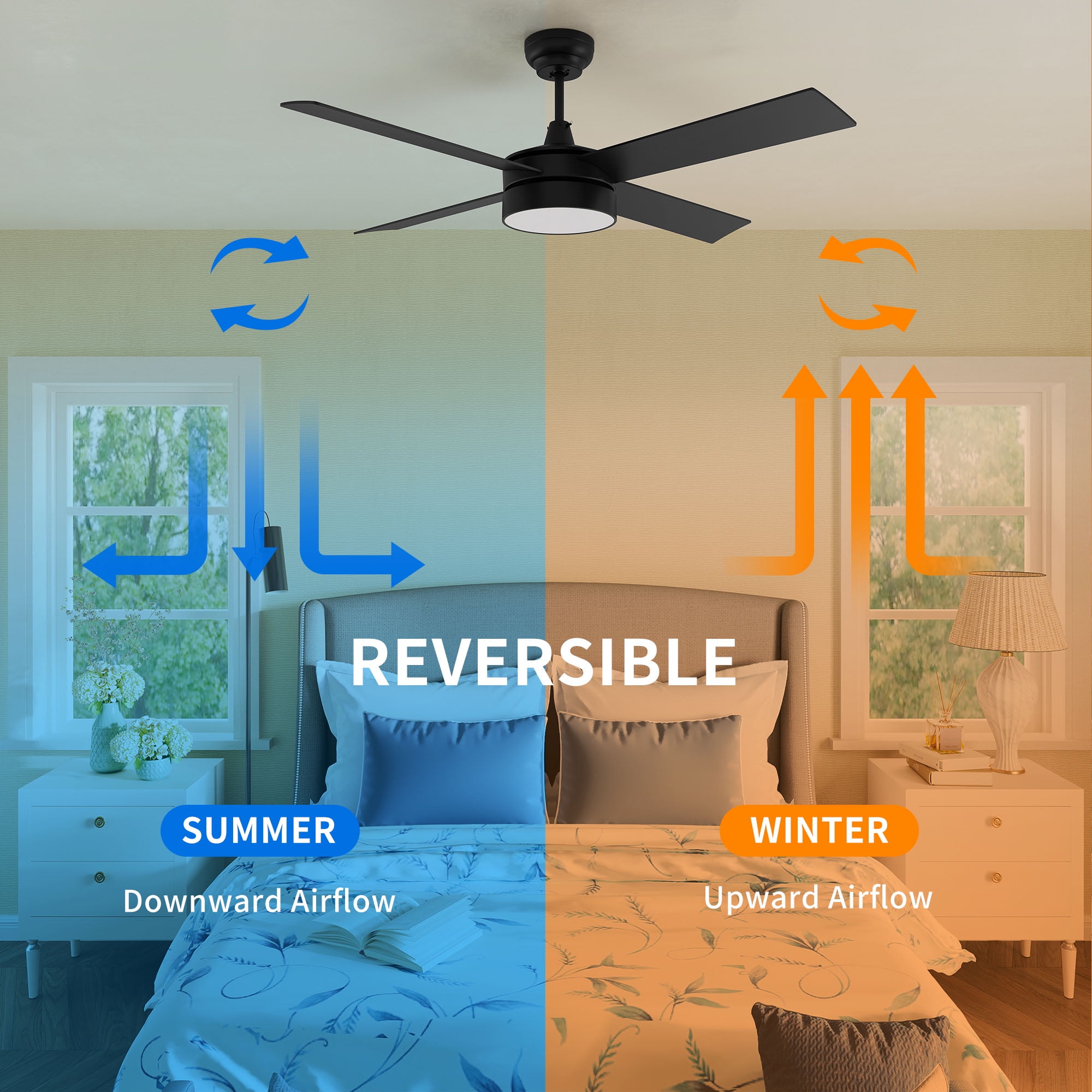 52in 4 Blades Modern Ceiling Fans with LED Light and Remote, 3 speeds and Night Light Mode - Black & Gold