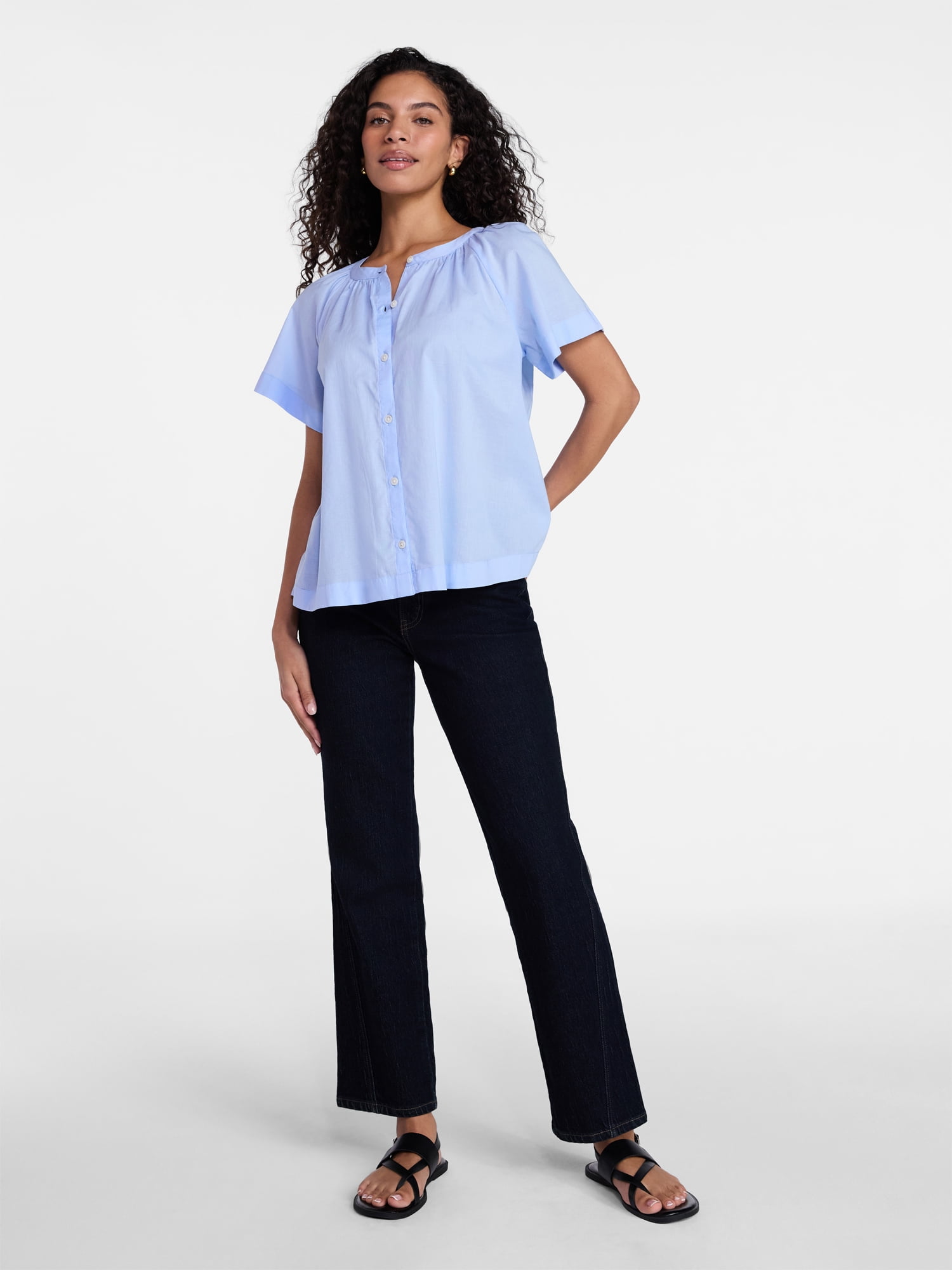 Time and Tru Women's Cotton Button Up Blouse with Short Sleeves, Sizes XS-XXXL
