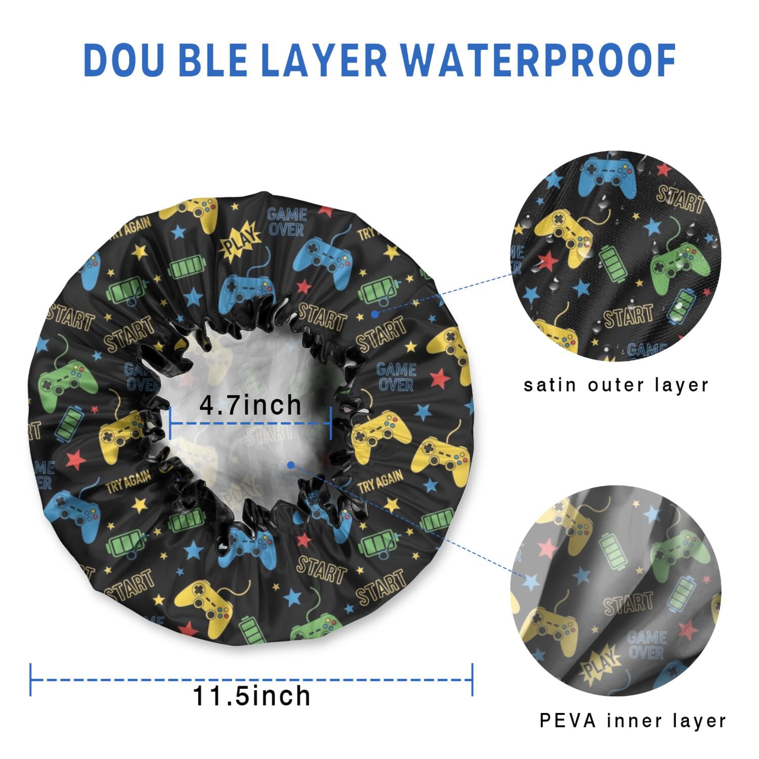 Shower Caps,Multicolor Controllers Games Text Black Pattern Waterproof Shower Cap for Women 4 Pieces,Double Reusable Hair Cover for Shower PEVA Elastic Stretch Hem