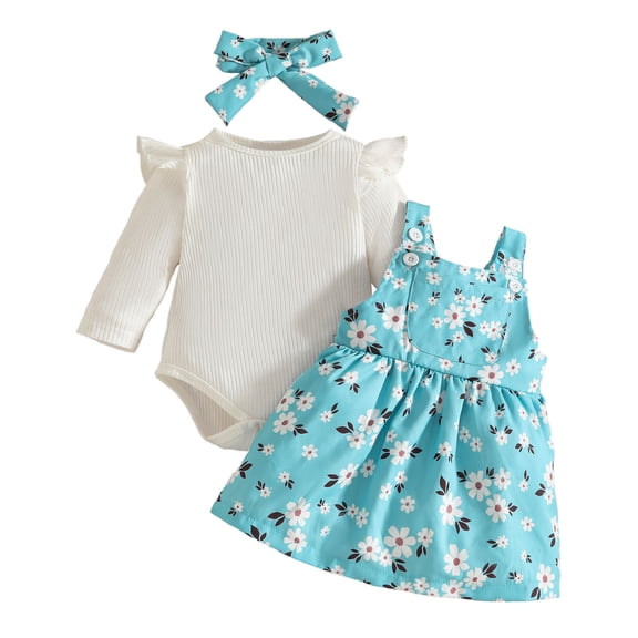 Tisuna Fall Outfit Set For Kids Girls Stylish Long Sleeve Crew Neck Floral Print Romper And Suspender Dress Headband Outfits Children'S 3 Pieces Daily Wear Matching Set Size 9-12 Months
