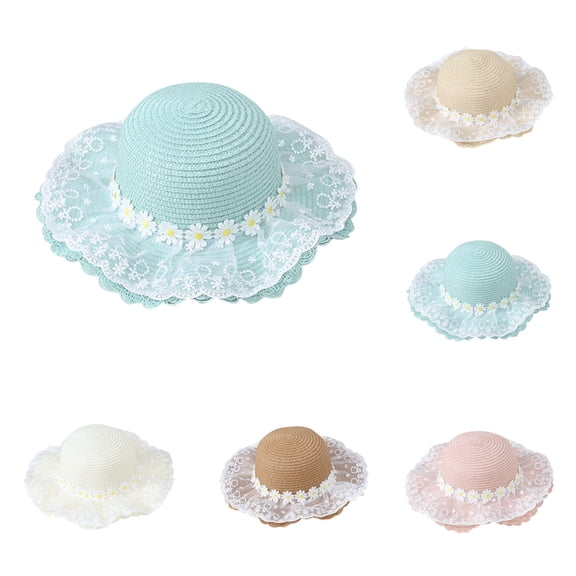 THDHVS Girls Hat,Lace Straw Sun Hat UPF UV Protection Wide Brim Breathable Beach Travel Outdoor Summer Hat for Kids,Toddler Hat Girl Beige 4-10 Years