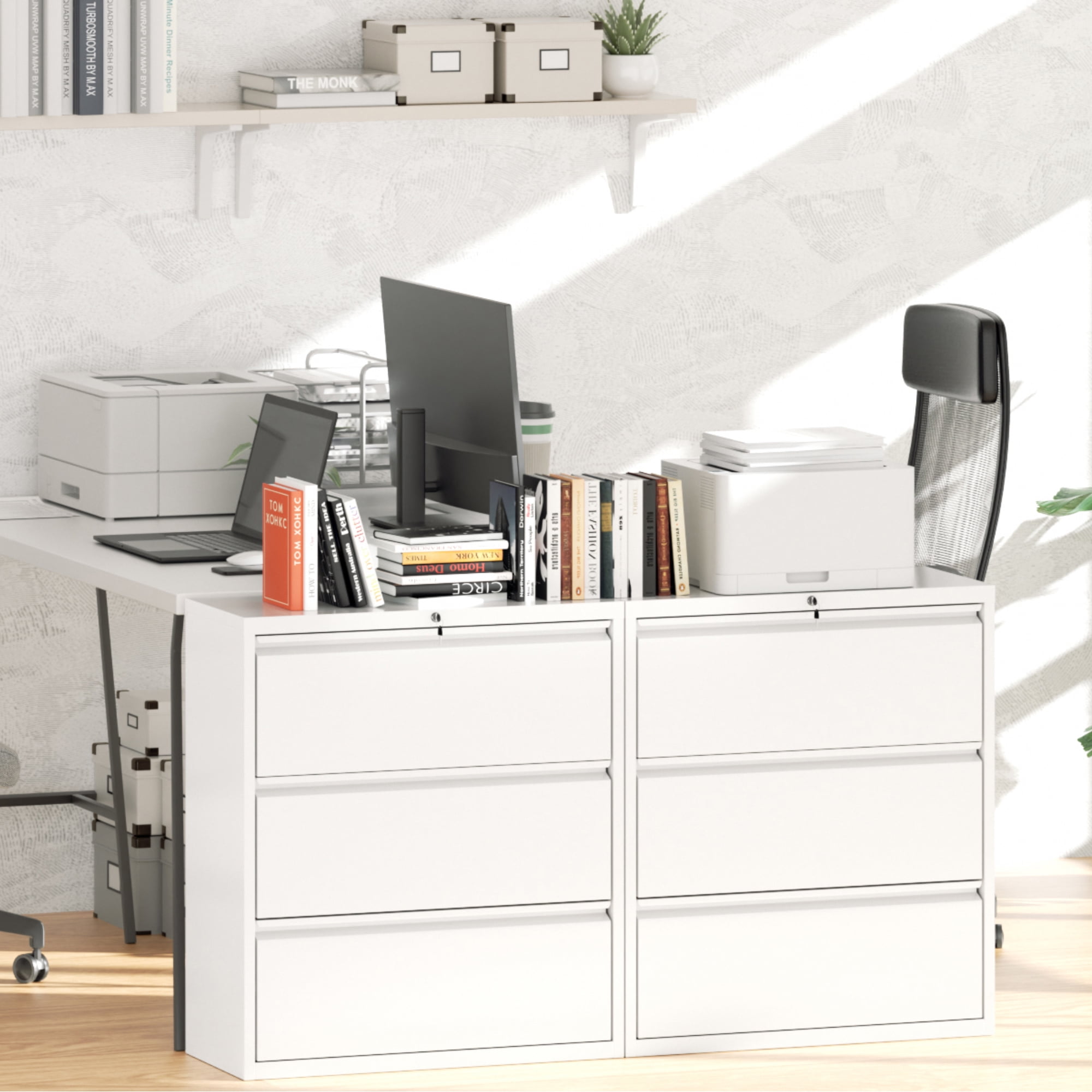 SUNCROWN 3 Drawer Filing Cabinet, White Lateral File Cabinet with Lock, Lockable Metal File Cabinets with Adjustable Hanging Bars&2 Keys, Locking File Cabinet for Home Office, Legal/F4/Letter, Etc