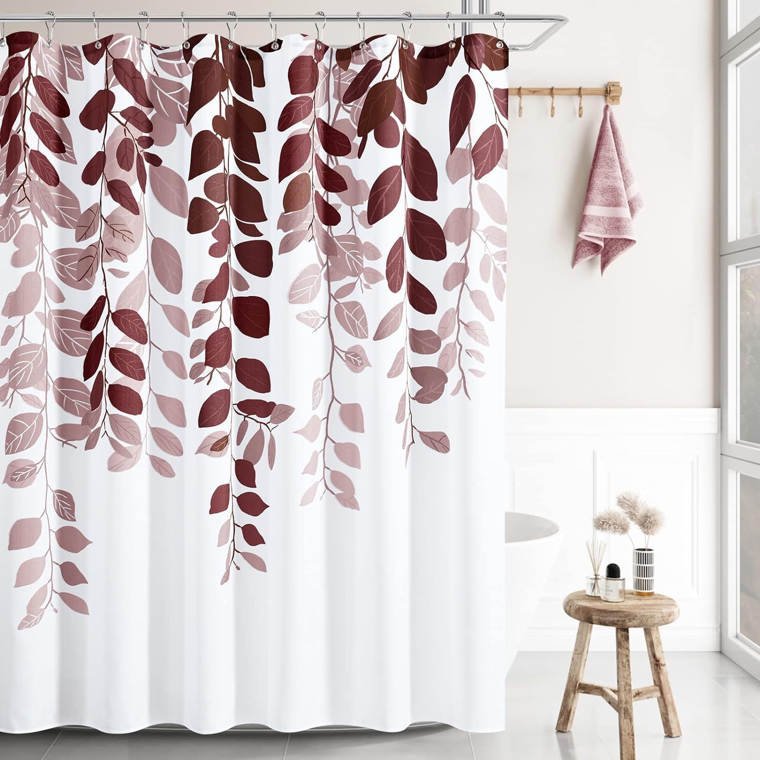 Dark Red Leaves Shower Curtain Set Burgundy Red Watercolor Eucalyptus Shower Curtain for Bathroom Botanical Nature Floral Plant Shower Bath Curtain Natural Bathroom Decor 72x72 inch