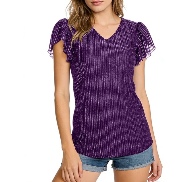 Craaazy Womens Plus Size Shimmer V Neck T-Shirt with Ruffle Flutter Sleeves Solid Color Top for Casual Occasions