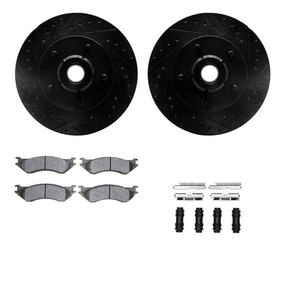 Dynamic Friction Company Front Brake Rotors-Drilled and Slotted-Black with Heavy Duty Brake Pads includes Hardware 8212-40165