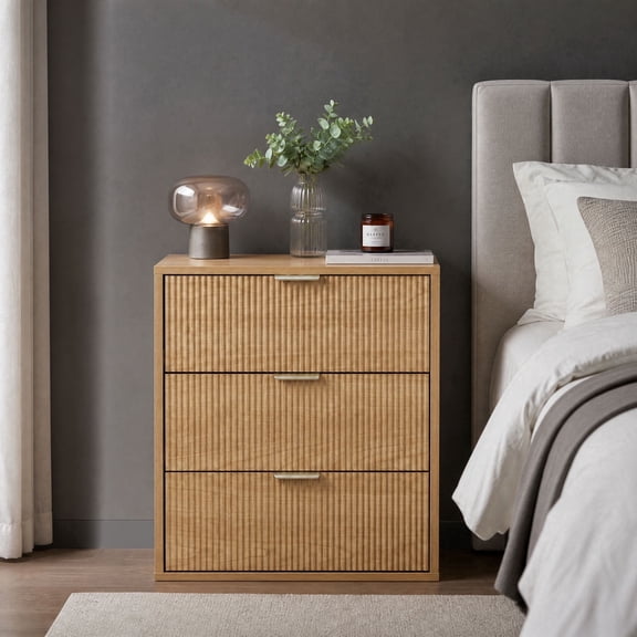 3 Drawer Nightstand - Unique Wave Front Design Wood Grain Bedside Table, Mid Century Modern Farmhouse End Table with Storage Drawers for Bedroom, Living Room, Easy Assembly