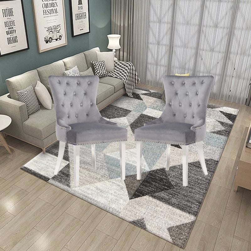 Chaise Eudora en Gris, chaise de salle à manger avec garniture cloutée, chaise de salle à manger en velours, chaise de salle à manger avec pieds en acier inoxydable pour cuisine et salon - Ensemble 2