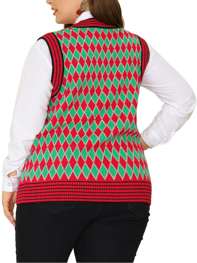 Agnes Orinda Women's Plus Size Argyle Plaid V Neck Sleeveless Knit