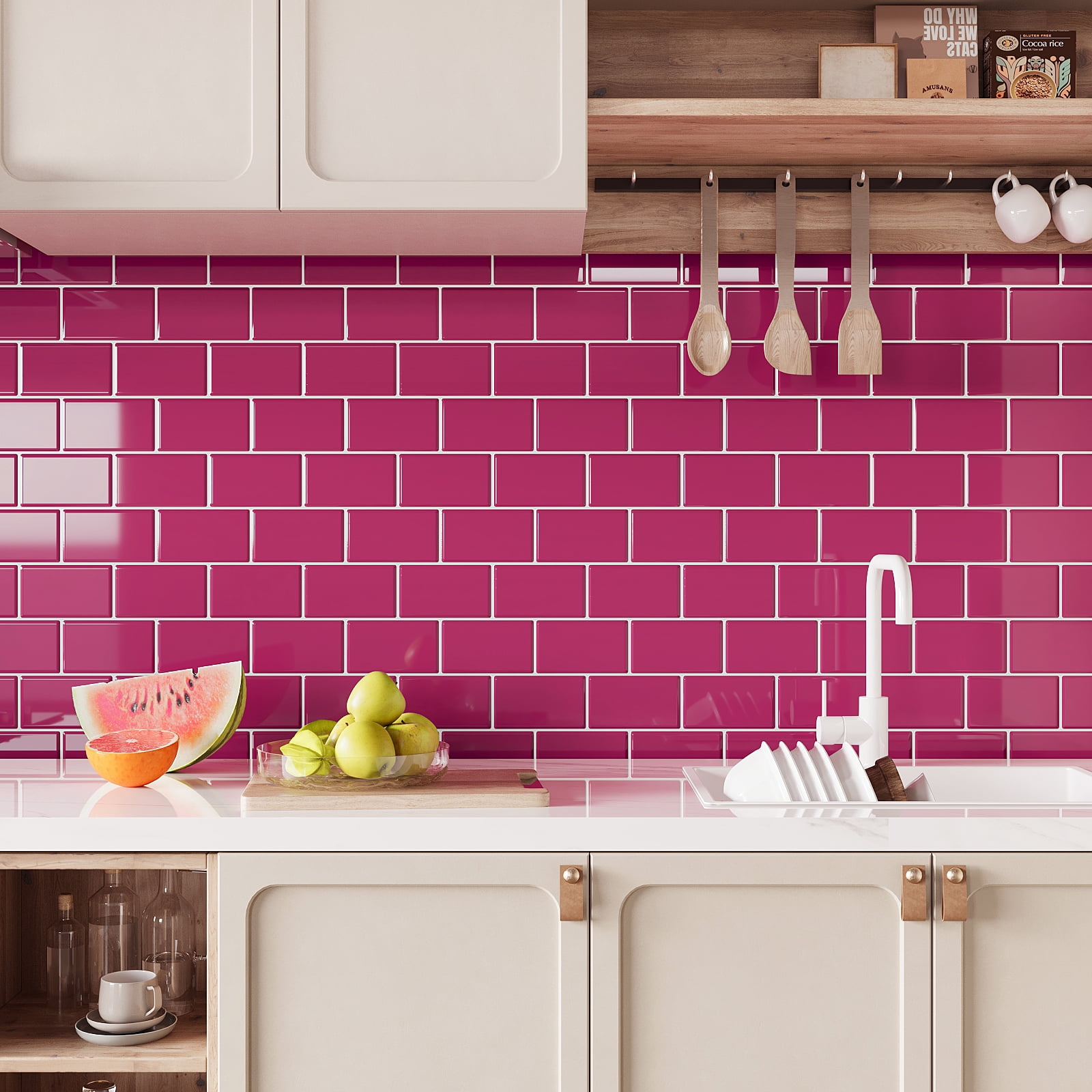 VEELIKE Berry Pink Subway Tile Peel and Stick Backsplash for Kitchen Waterproof 12"x12" 6 Sheets Backsplash Tiles Self Adhesive Wall Tiles Renter Friendly Backsplash Stick on Tile for Bathroom