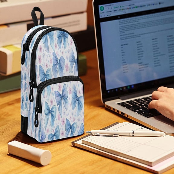 Backpack Pencil Case, 3 Compartment Large Capacity Oxford Fabric Pencil Pouch / Cute Light Blue Bows Pattern