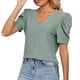 thumbnail image 1 of Camiseta elegante y elegante de color puro con cuello en V y manga corta informal para mujer, color verde guisante L, 1 of 5